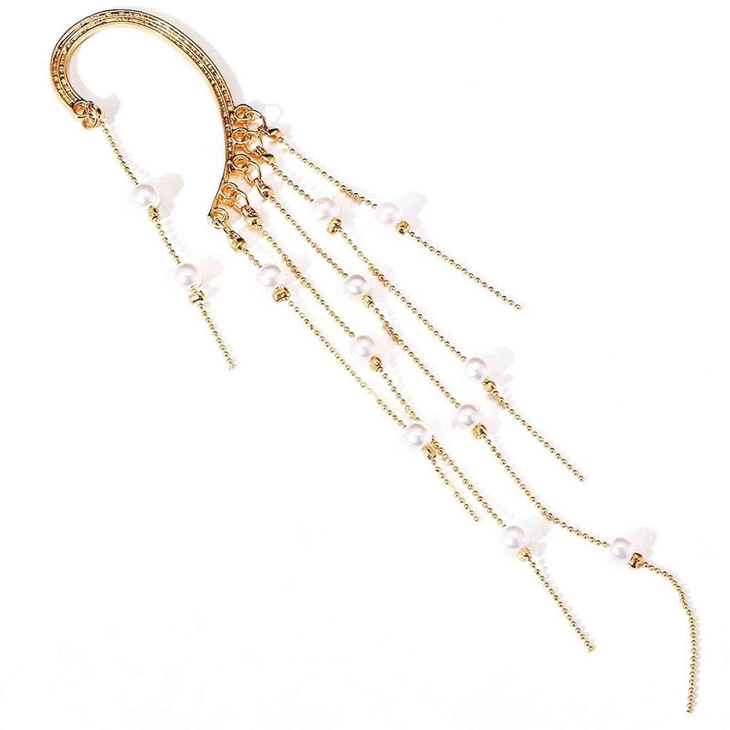 Boho Pearl Ear Wrap Earrings Gold Pearl Ear Cuff Earrings Long Drop Tassel Pearl Earrings Festival Gothic Earrings Non Piercing Ear Climber Cartilage Earrings Jewelry for Women and Girls
