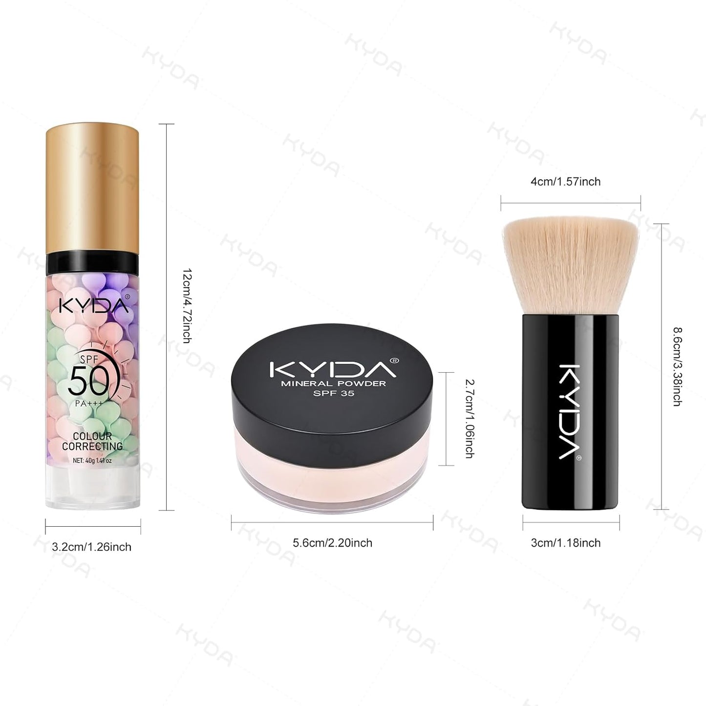 KYDA Mineral Makeup Kit, Includes SPF 50 Color Correcting Primer, SPF 35 Loose Powder Foundation + Translucent Loose Setting Powder, Foundation Brush, Makeup Starter Set, Travel Size - Medium Beige