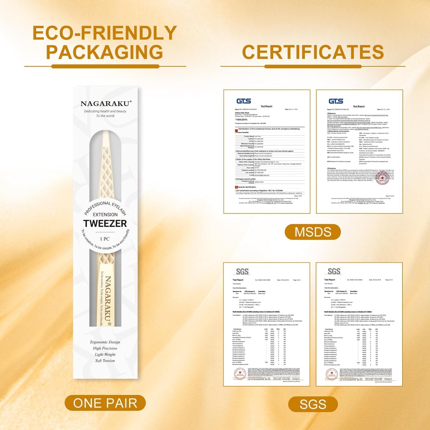 NAGARAKU Eyelash Tweezers, Precision Fiber Tip Tweezer for Eyelash Extensions Diamond Grip Anti-Static Anti-Slip Premium Gold Stainless Steel Pointed Lash Tweezers -Straight Tip Classic Tweezer AG-03