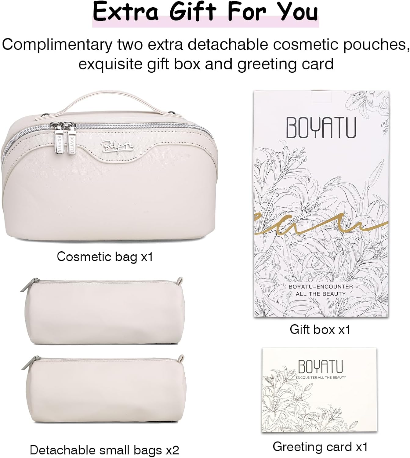 BOYATU Travel Makeup Bags for Women: Vegan Leather Cosmetic Bag Set of 3 - Large Capacity Make up Bag with Divider - Wide Open Waterproof Toiletry Organizer Bag with Handle (05-Off-White)
