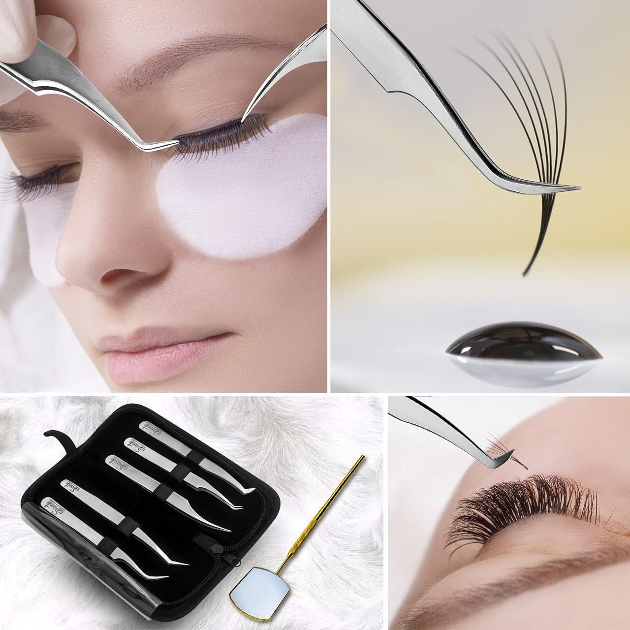 SIVOTE Eyelash Extension Tweezers for Classic & Volume Lashes, 5-Pack, Silver