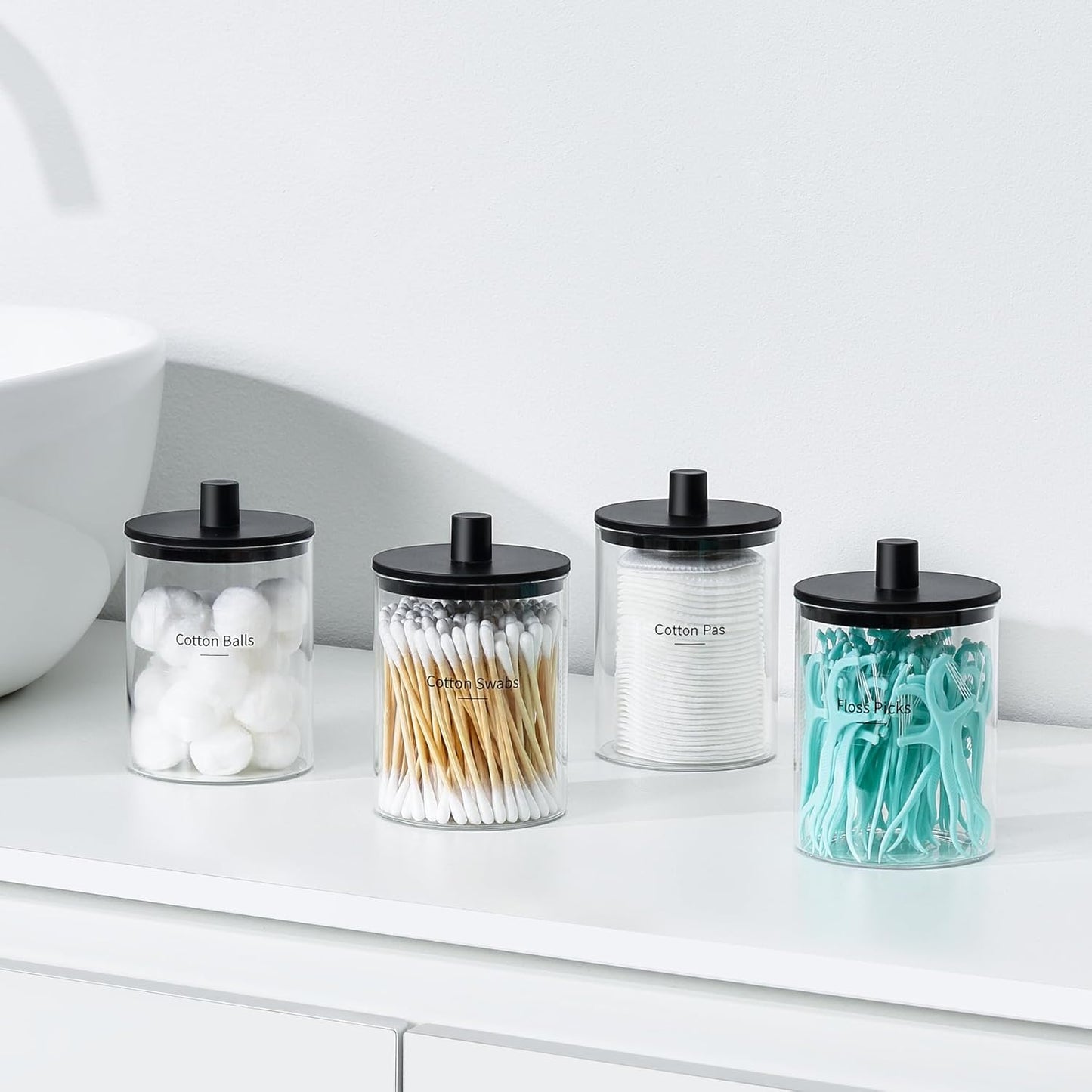 TIPGO Glass Qtip Holder Dispenser for Bathroom - 10 oz Clear Canister Apothecary Jar for Cotton Swabs, Balls, Pads, Floss Picks, Small Containers for Makeup Storage Organizer (4 Pack, Black)