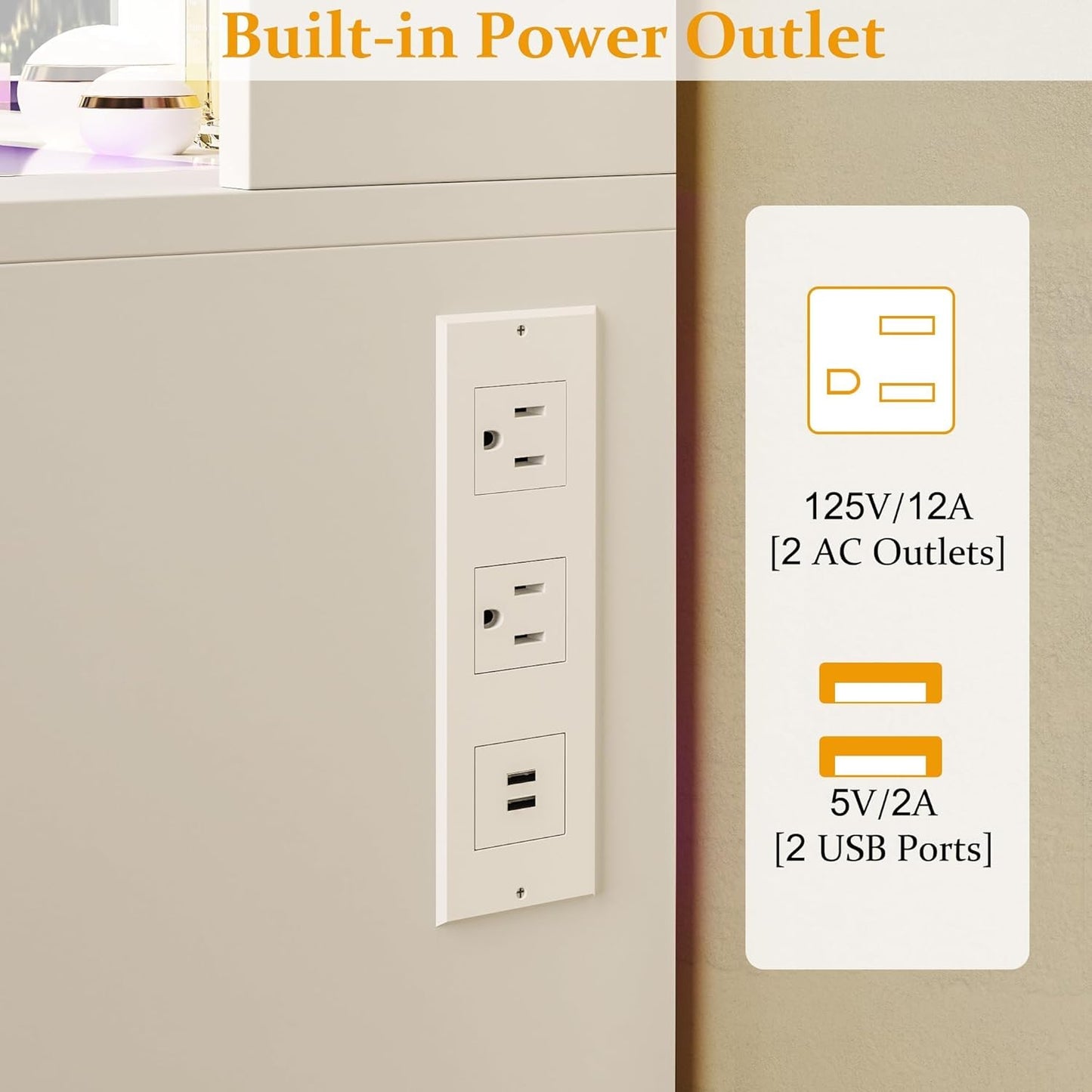 Vanity Desk with Mirror and Lights, Makeup Vanity Desk with Lights 3 Colors, Transparent Top Vanity with 2 RGB Drawers, 6 Shelves, Large Tempered Cabinet, Power Outlet, for Bedroom, White