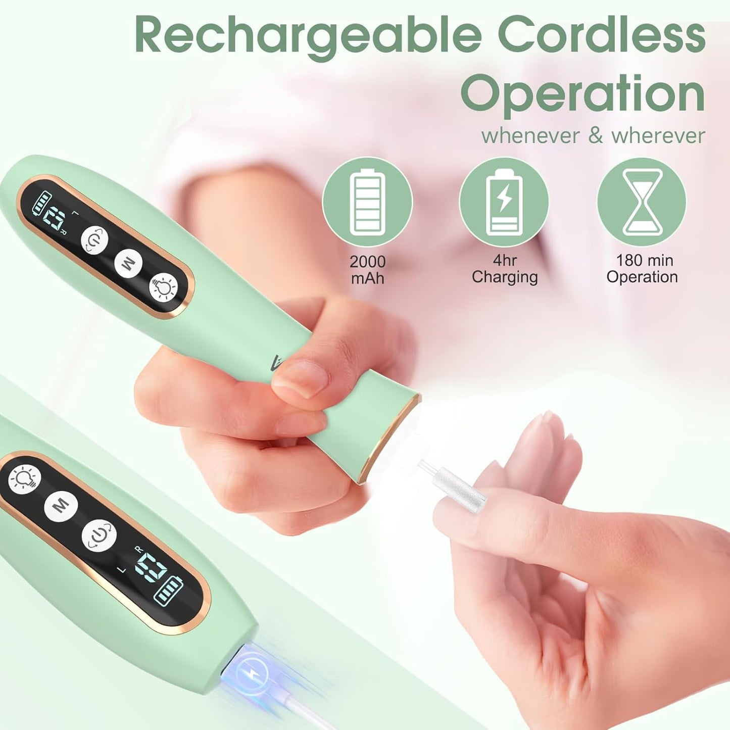 Cordless Electric Nail Drill with 360° LED light&10 Speeds, Professional Manicure Pedicure Kit, Rechargeable Pedicure Tools for feet, Hand Foot Care Nail Drill for Thick Nail Toenail Cuticle Women Men