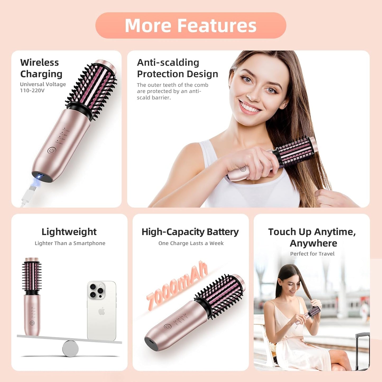 CARESKY® Cordless Curling Iron Brush, 1.5 Inch Mini Travel Hair Curler with 200 Million Negative Ions, Portable Heated Round Straightener Brush Rechargeable for Curl, Touch-Up, De-Frizz, Styling