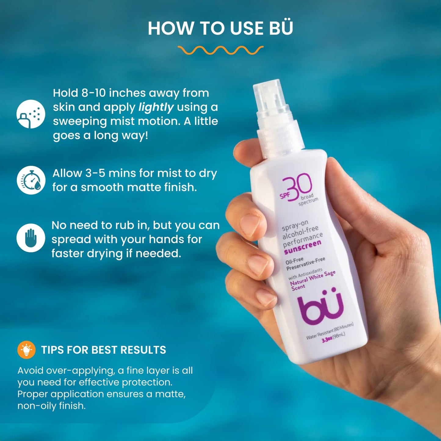 BU SPF 30 Sunscreen Spray for Face and Body, Non Aerosol Spray, Ultrafine WOWmist, TSA Travel Size Sunscreen, Clear, Non Greasy, Water Resistant, White Sage 3.3 oz