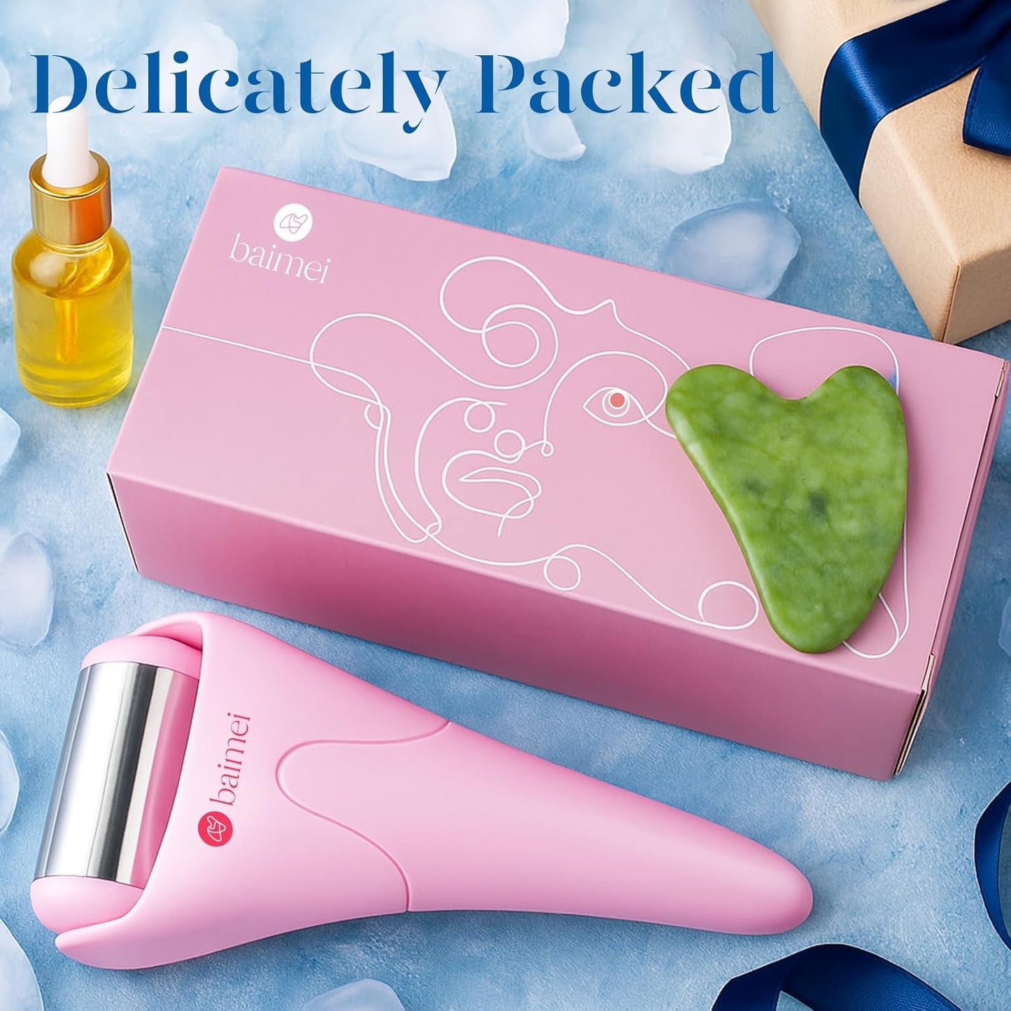 BAIMEI Stainless Steel Ice Roller for Face & Gua Sha Facial Tools, Soothes Puffiness, Self - Care Gift for Women