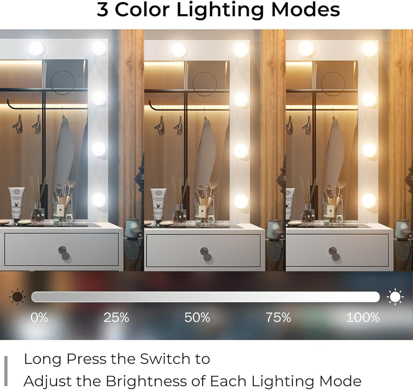 Vanity Desk & Power Outl, Makeup Vanity with Mirror and 12 LED Lights, Makeup Table with 11 Drawers, Vanity Table with Chair,Set 3 Lighting Modes Brightness Adjustable-(White)