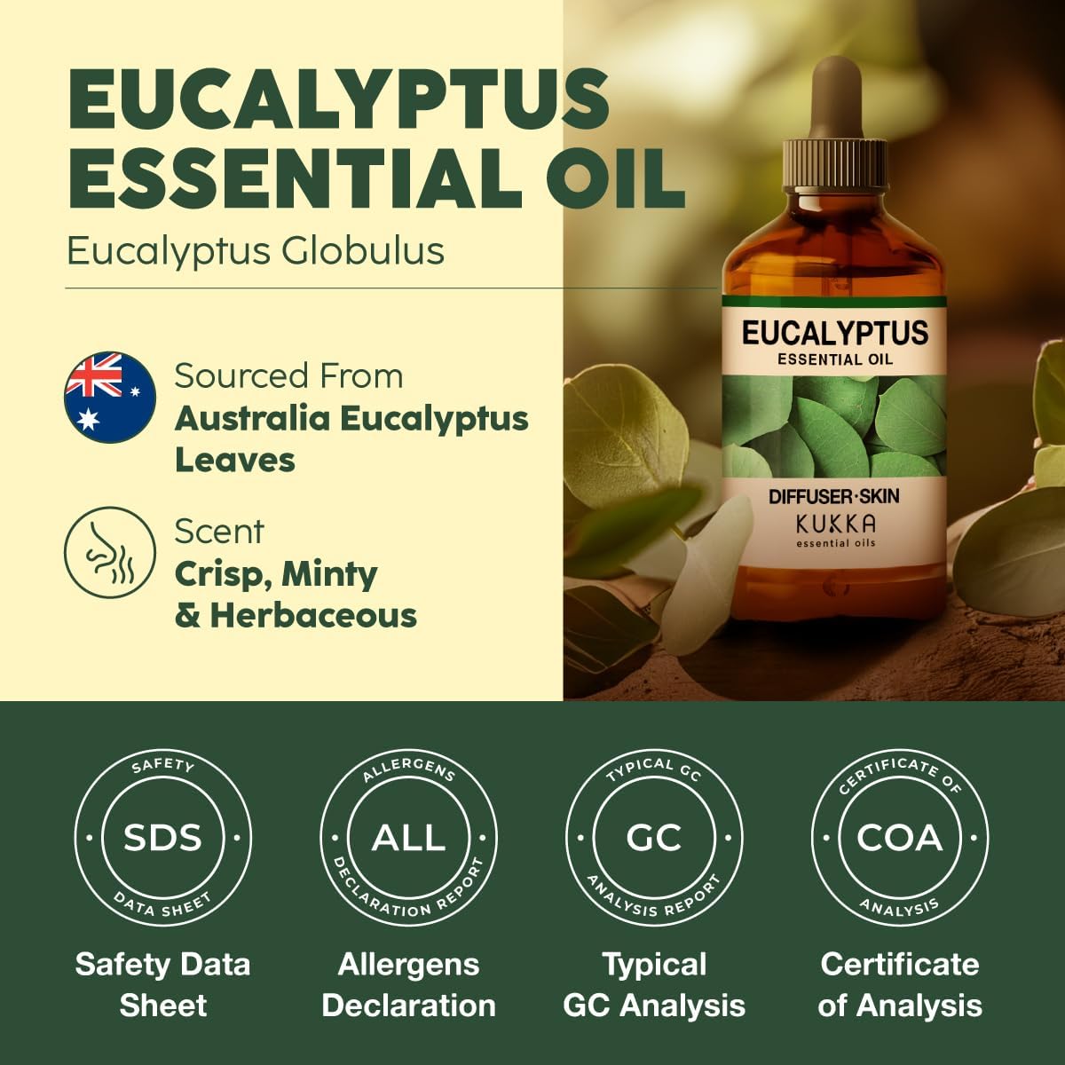 Kukka Eucalyptus Essential Oil for Diffuser, Humidifier, Skin, Hair - 4 Fl Oz / 118 ml, DIY Soap Making Scents