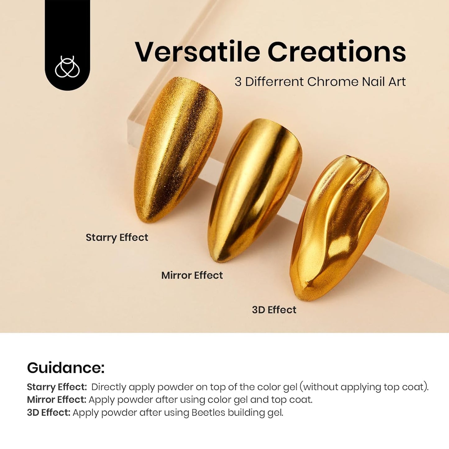 Beetles Gold Chrome Nail Powder Set - 8 Colors Sliver Holographic Mirror Effect Iridescent Golden Red Brown Glitter Metallic Nail Polish Chrome for Nail Art Design