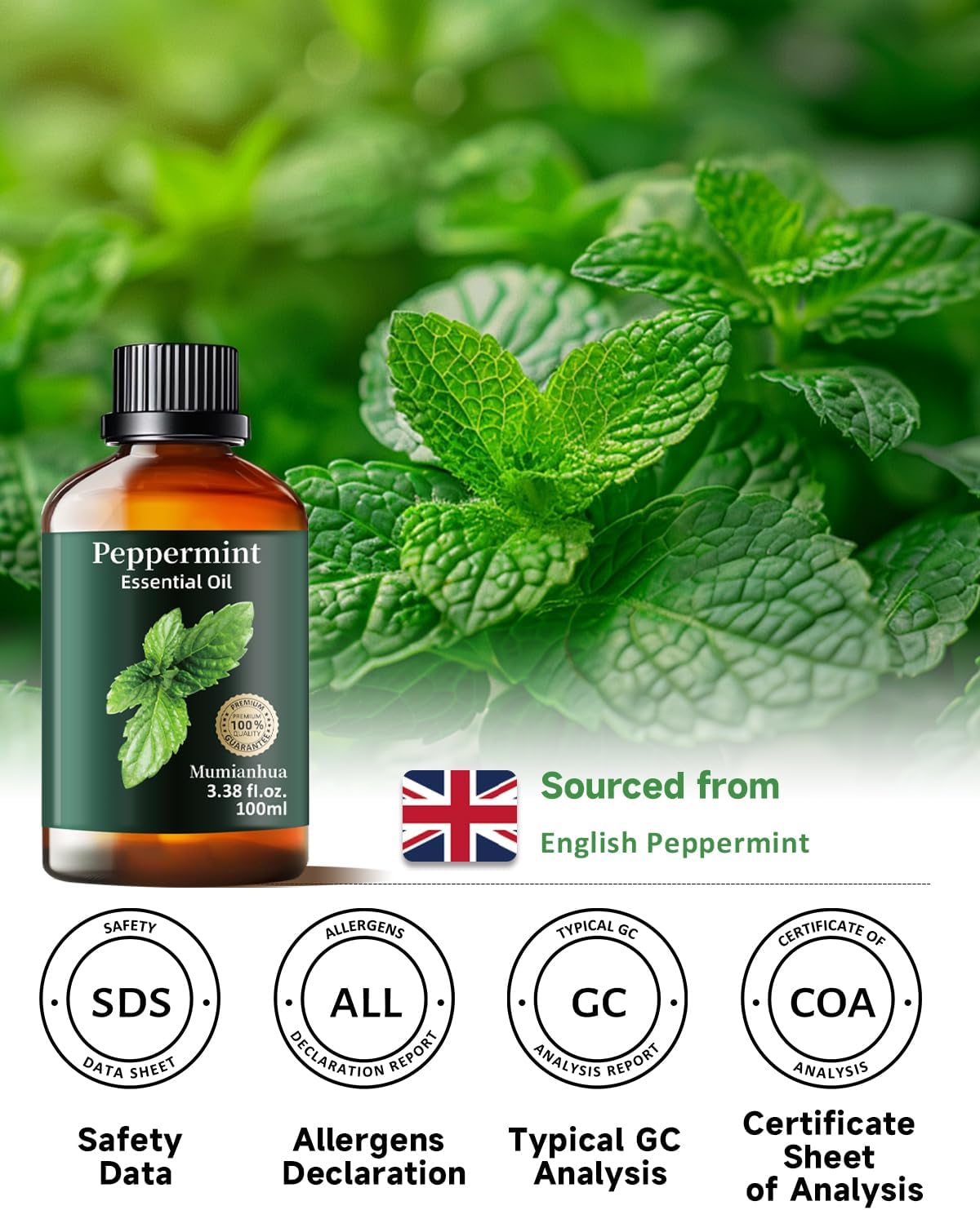 Peppermint Essential Oil Pure, Mumianhua Natural Peppermint Oil for Diffuser, Aromatherapy, Skin, Hair,SPA, DIY, Soap Making,Cleaning 3.38 Fl Oz