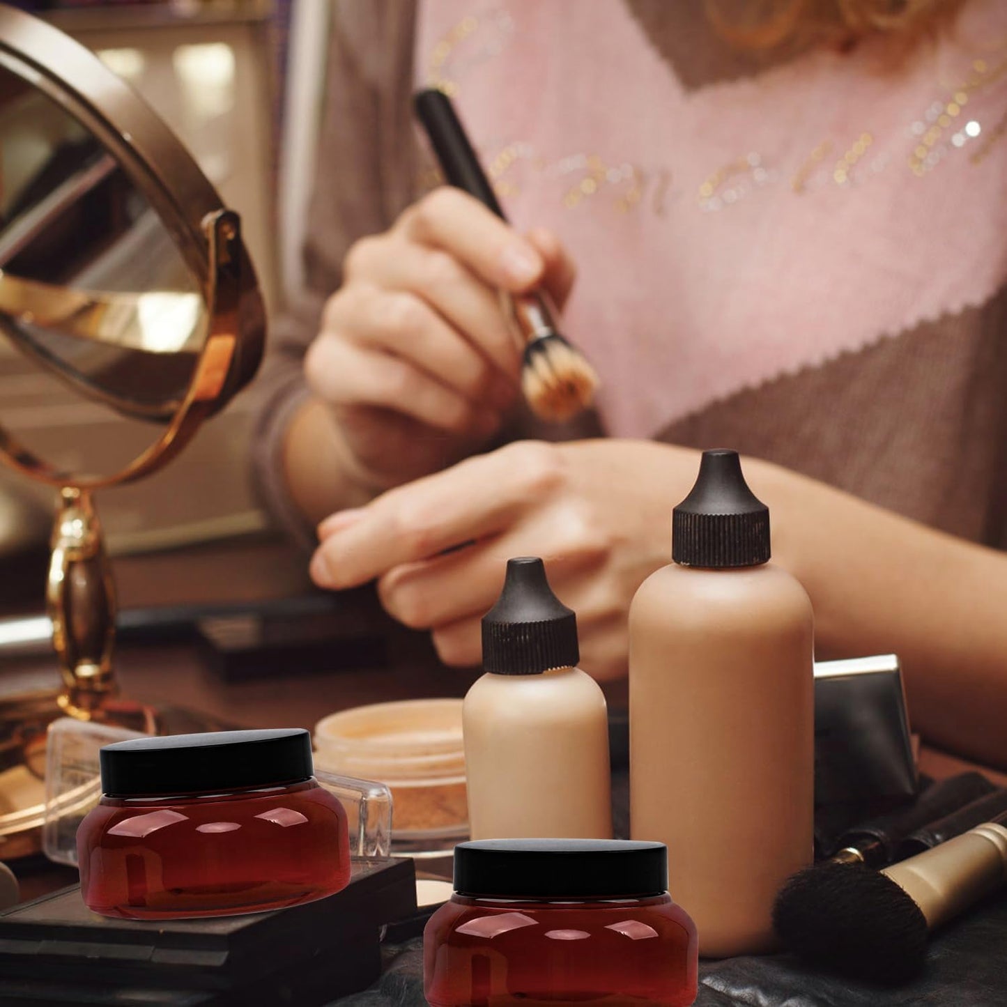 Amber Plastic Jars with Lids, 12 Pack Brown Body Scrub Jars Empty Refillable Containers Round Low Profile Samples Jars for Lotion, Body Butter, Sugar Scrub, Cream (7 OZ)