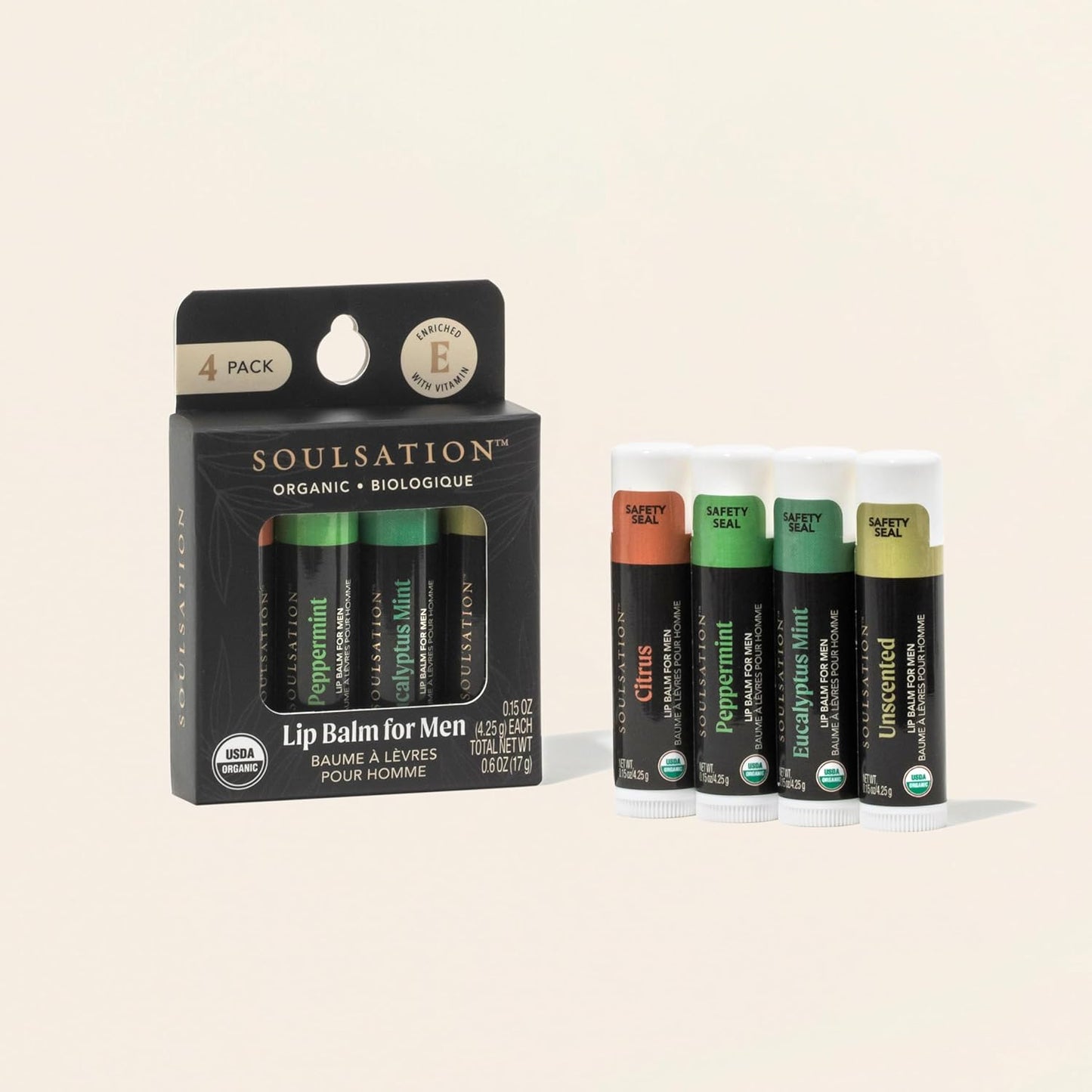 Organic Lip Balm Set for Men - 4 Flavors - 100% Natural Moisturizing for Cracked & Dry Lips