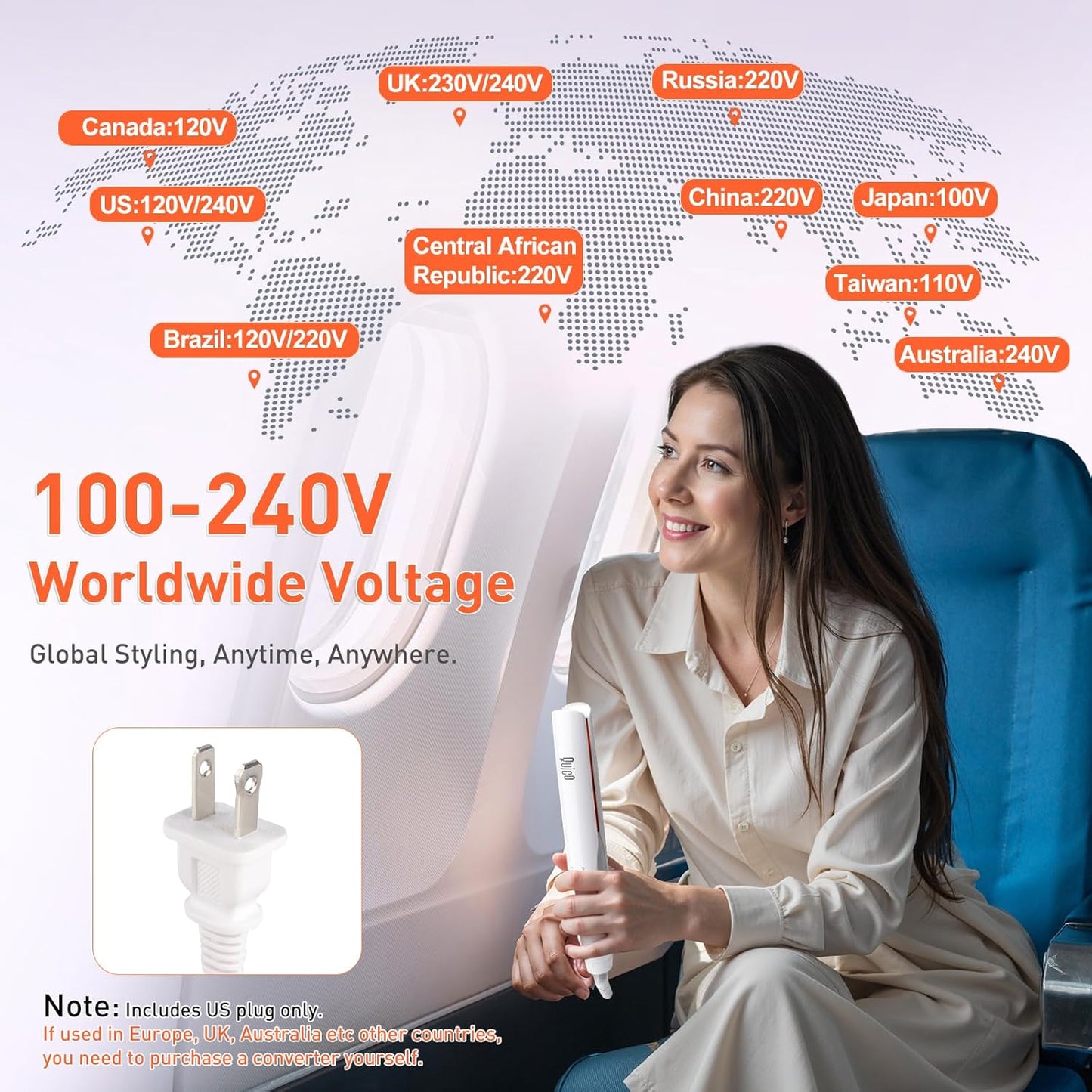 Quico Flat Iron Hair Straightener, 100-240V Dual Voltage Travel Hair Straightener and Curler with 15s Heat Up, Professional Negative Ion Ceramic Flat Iron for Less Frizz, 5 Temp & Auto Shut-Off