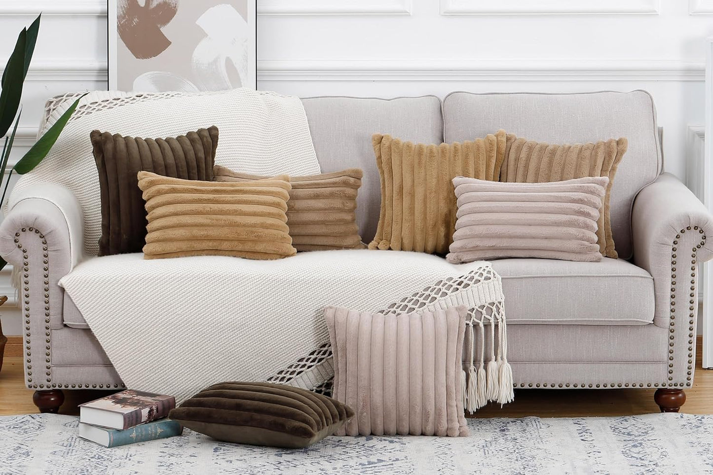 MADIZZ Set of 2 Faux Wool Plush Decorative Throw Pillow Covers 22x22 Inch Camel Fluffy Striped Soft Decorative Cushion Cover for Sofa Bedroom Pillow Shell