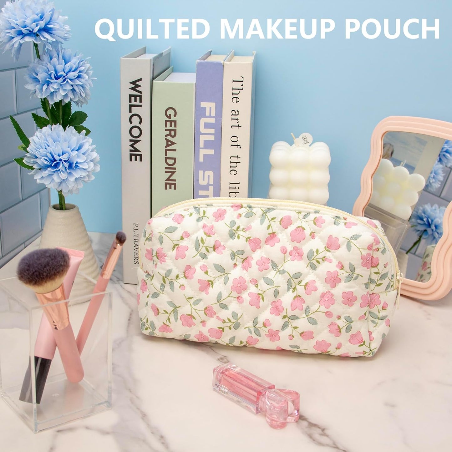 PAZIMIIK Vintage Quilted Makeup Bag Cosmetic Pouch for Brushes Pencils and Travel Make Up Accessories for Women and Girls Flower White
