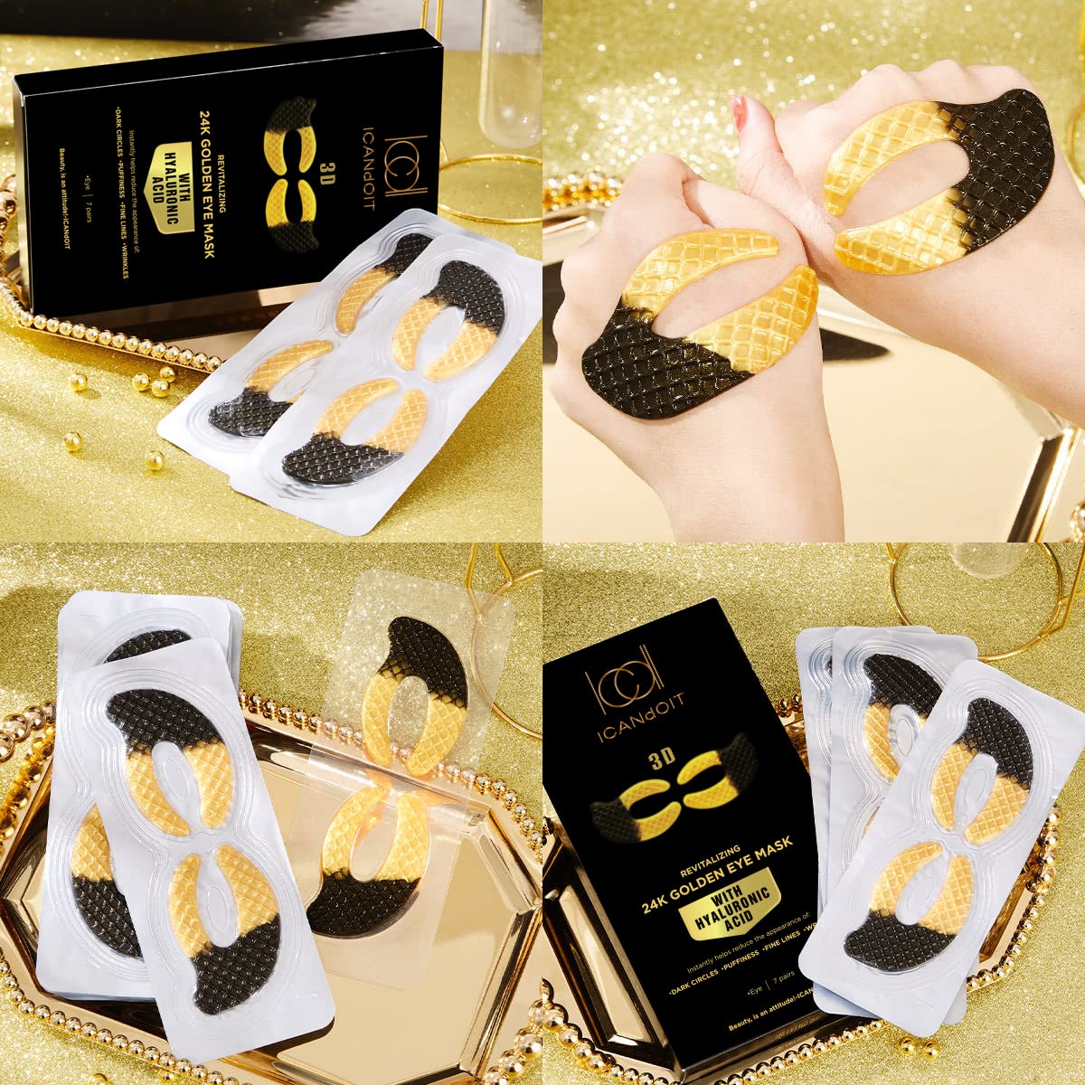 ICANdOIT 24K Gold Eye Mask For Dark Circles&Puffiness,Anti-Aging,Anti-Wrinkle With Hyaluronic Acid and Collagen,Eye Zone Care Eye Patches for All Skin Types,7Pairs/box