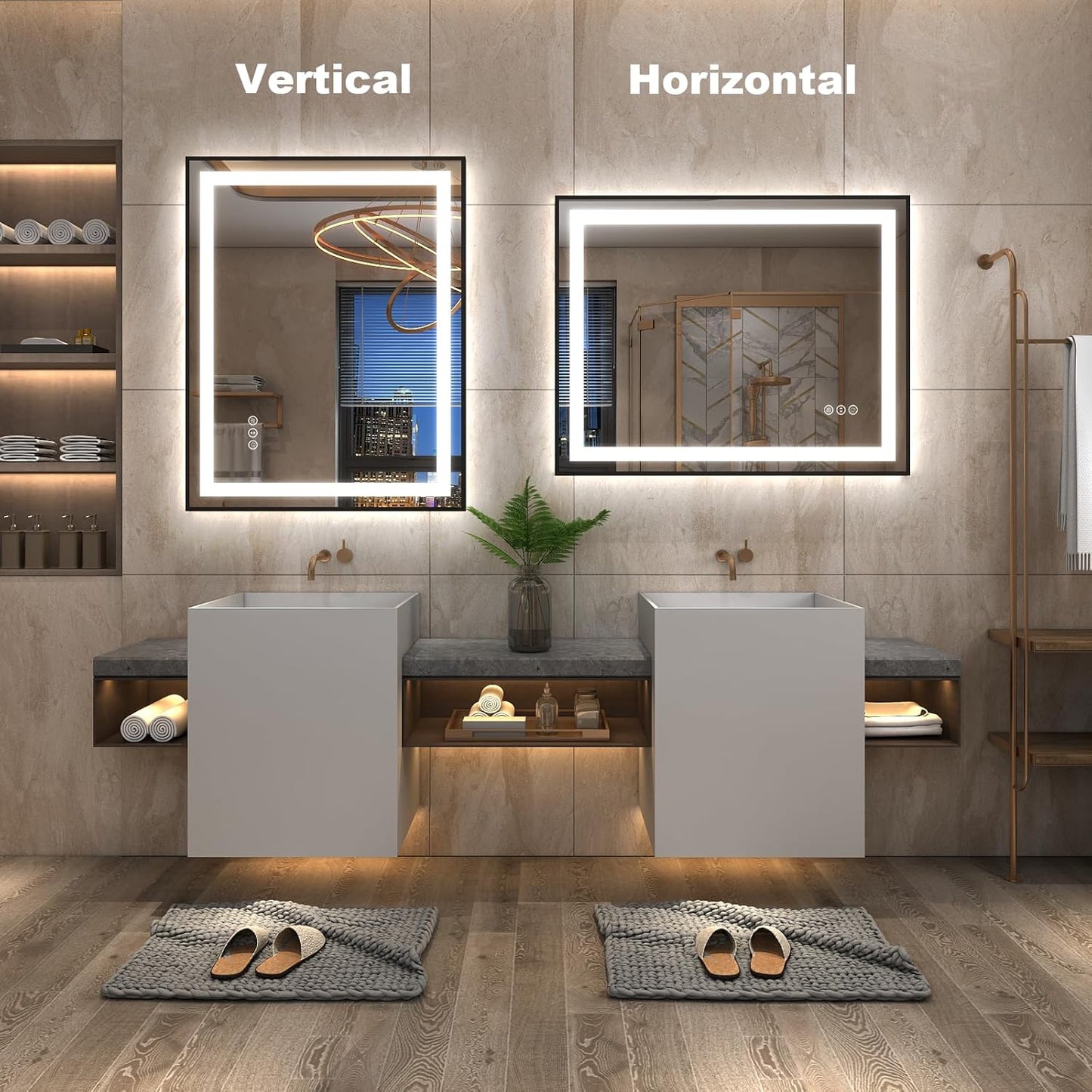 OKPAL 28x32 LED Bathroom Mirror with Lights, Black Lighted Mirrors for Bathroom Wall, Front and Backlit, Anti-Fog, Dimmable, Shatterproof, 3 Colors, Memory, Horizontal/Vertical