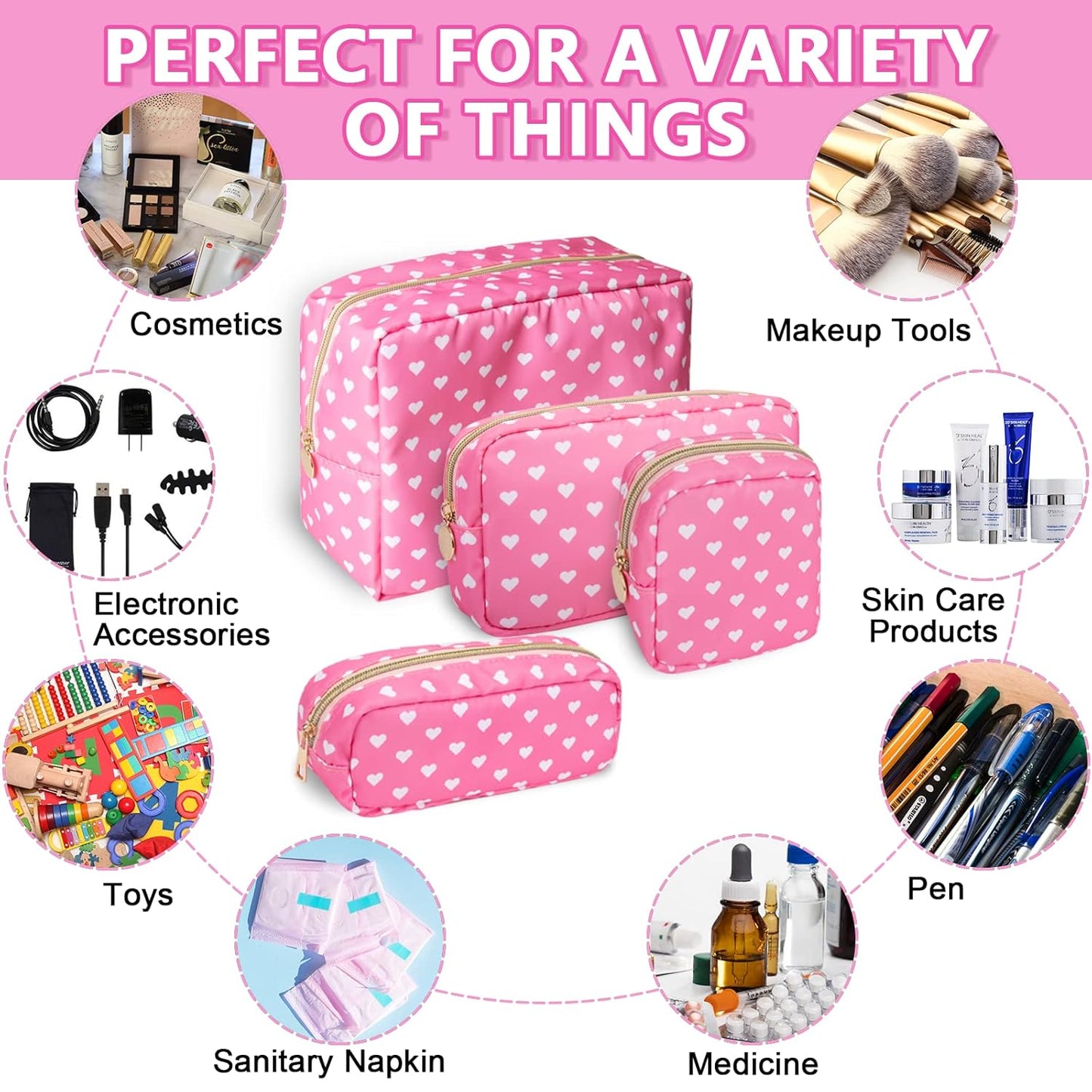 Large Makeup Bag Pouch, Nylon Women Travel Toiletry Storage Bag Preppy Cosmetic Bag for Girls, Big Makeup Organizer Bag Cute Zipper Pouch Skincare Bag for Sport School Work Gift(Large-Pink Heart)