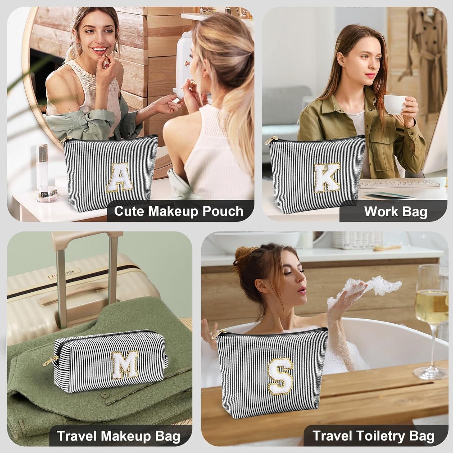 YOOLIFE Initial Makeup Bag for Women, Travel Cosmetic Bag with Small Makeup Brush Bag Cute Makeup Bag Toiletry Travel Bag Personalized Wife Friend Gifts Christmas Birthday Gifts for Women Her Black R