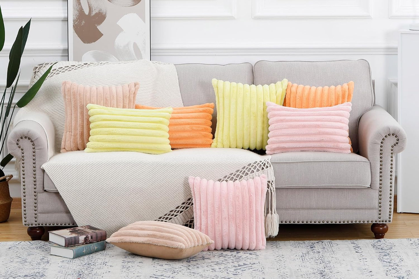 MADIZZ Set of 2 Faux Wool Plush Decorative Throw Pillow Covers 20x20 Inch Orange Fluffy Striped Soft Decorative Cushion Cover for Sofa Bedroom Pillow Shell