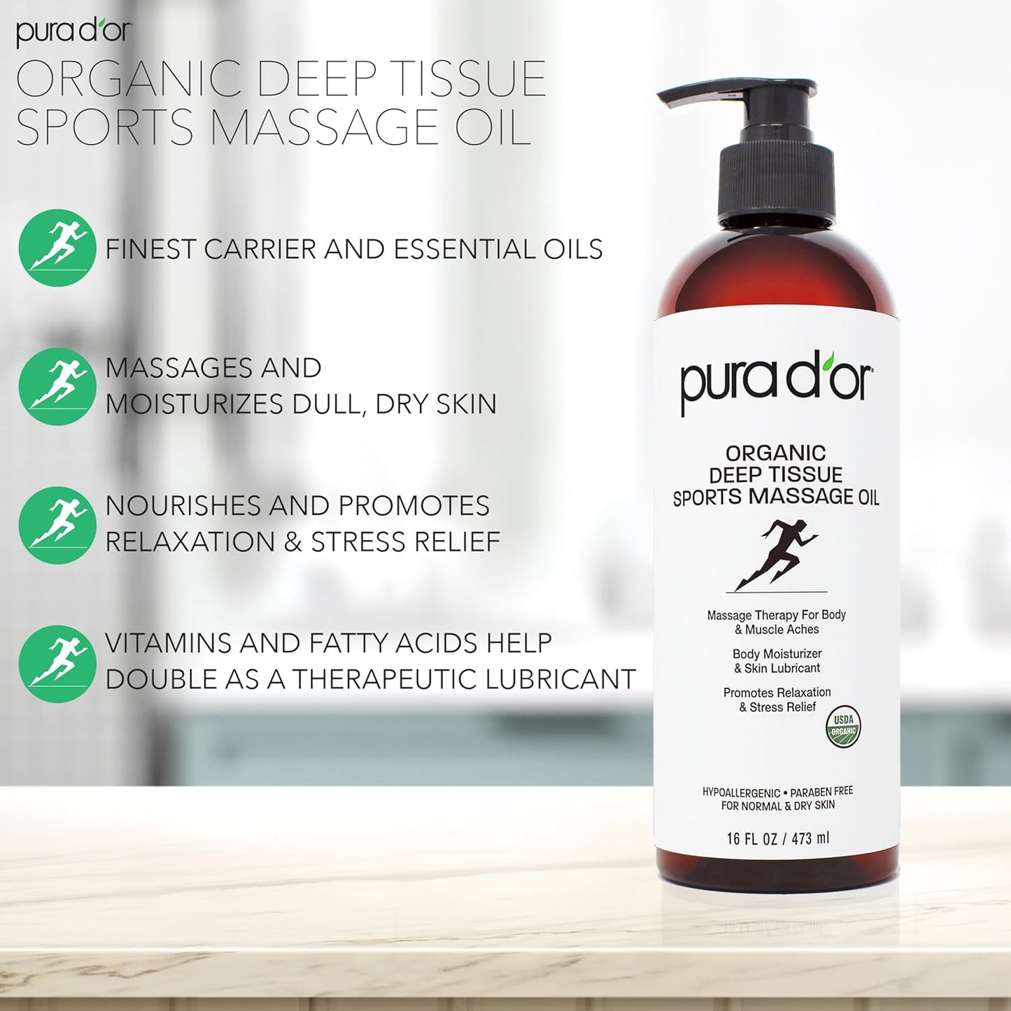 PURA D'OR 16 Oz Organic Deep Tissue Sports Massage - Jojoba, Sunflower, Almond, Grapefruit & Eucalyptus Oils - Alleviate Muscle Soreness