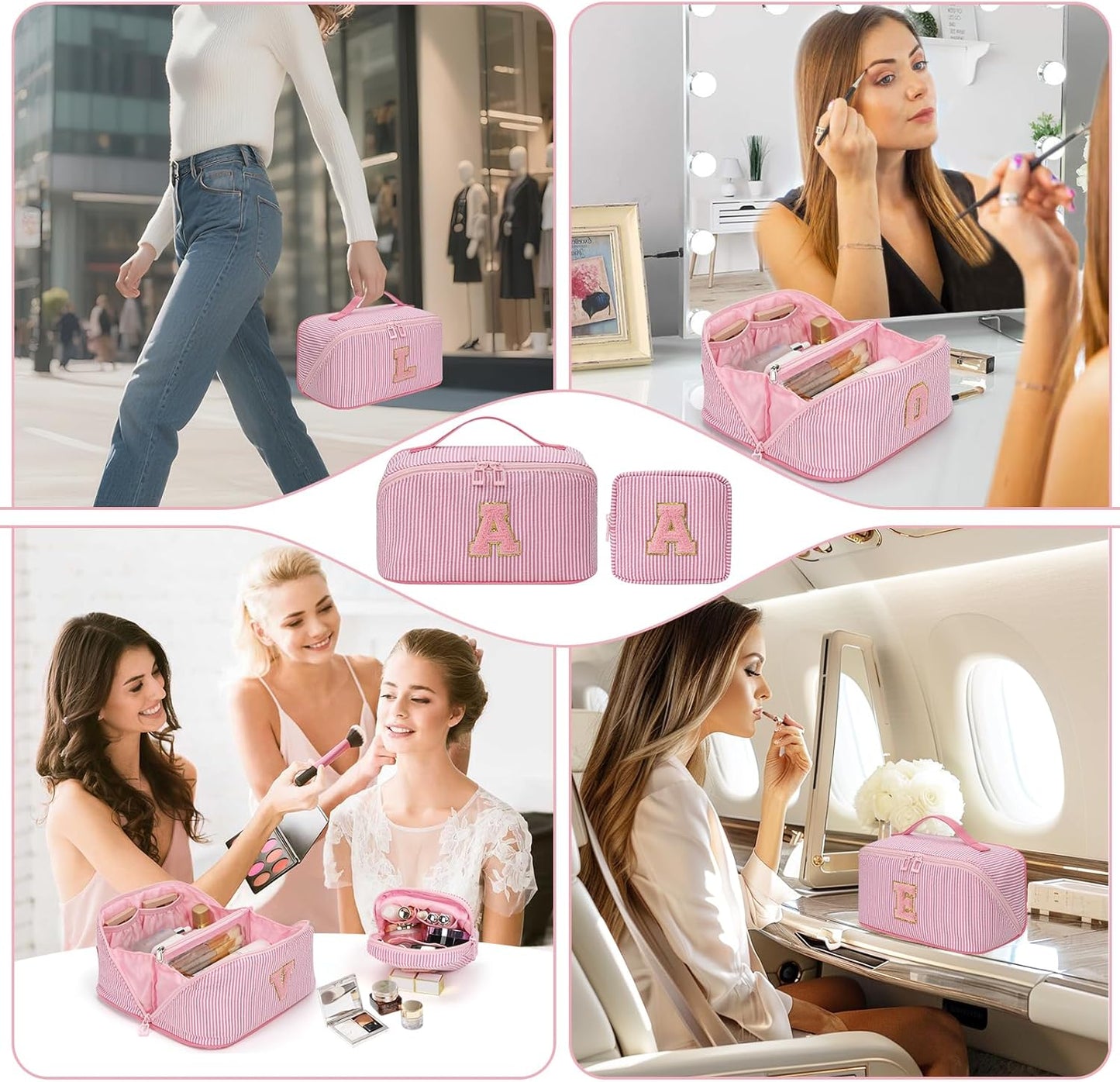 Travel Makeup Bag for Women, 2Pcs Portable Personalized Initial Makeup Organizer Bag, Open Flat Large Cosmetic Bag With Travel Essential Pouch (Pink Letter R)