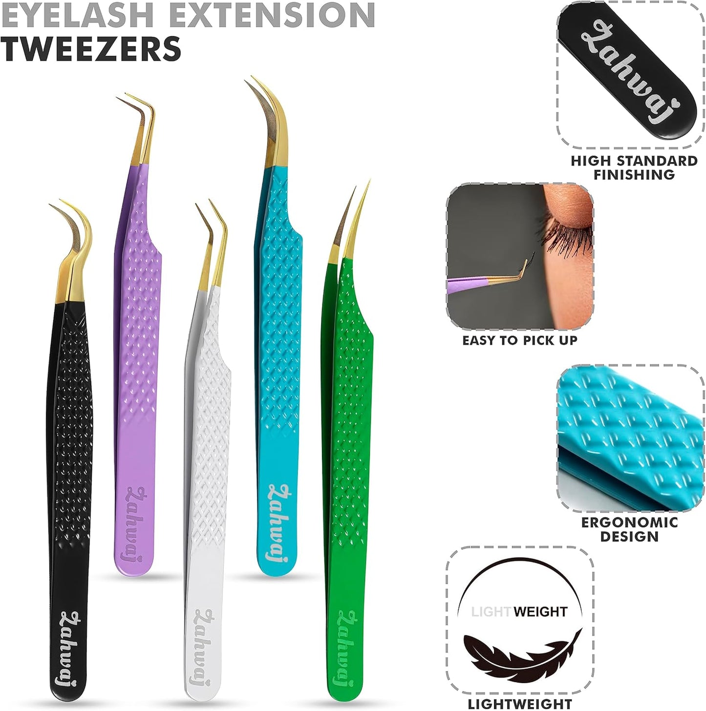 Lash Tweezers - Set of 5 Diamond Grip Eyelash Tweezers - Stainless Steel Professional Fiber Tip Lash Tweezer for Eyelash Extensions (Multicolor)