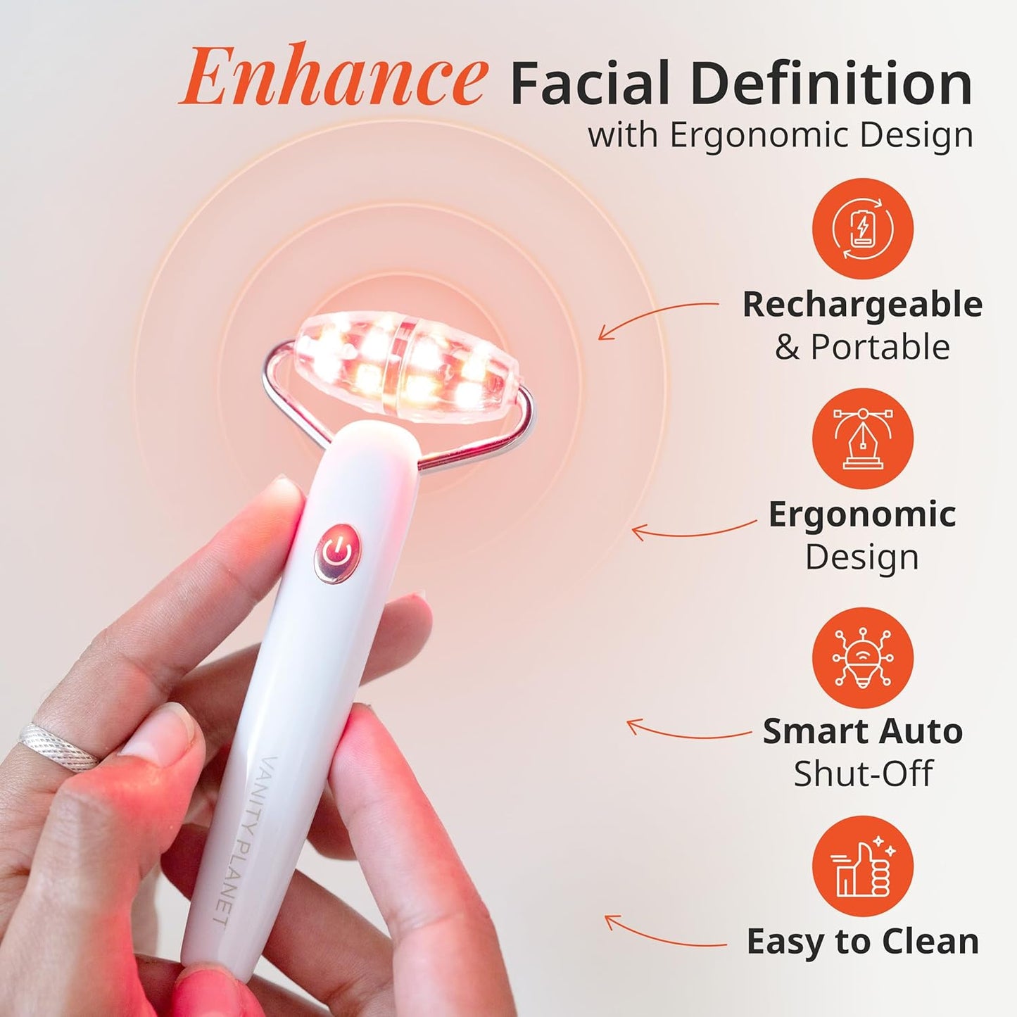 Vanity Planet Mila Contour & Define LED Facial Roller - 3-in-1 Skin Massager with Cooling, Sonic Vibration & Red Light - Ergonomic Anti-Aging Face Tool for Firming & Relaxation
