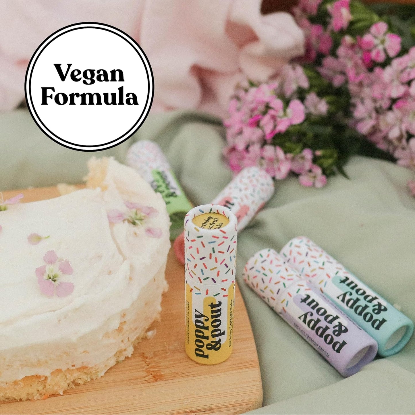 Poppy & Pout Birthday Cake Jumbo Lip Balm | All Natural Lip Balms & Moisturizers | Hydrates with Beeswax, Vitamin E, Organic Coconut Oil | Cruelty-Free | Lip Balm in Recyclable Cardboard Tube (Yellow)