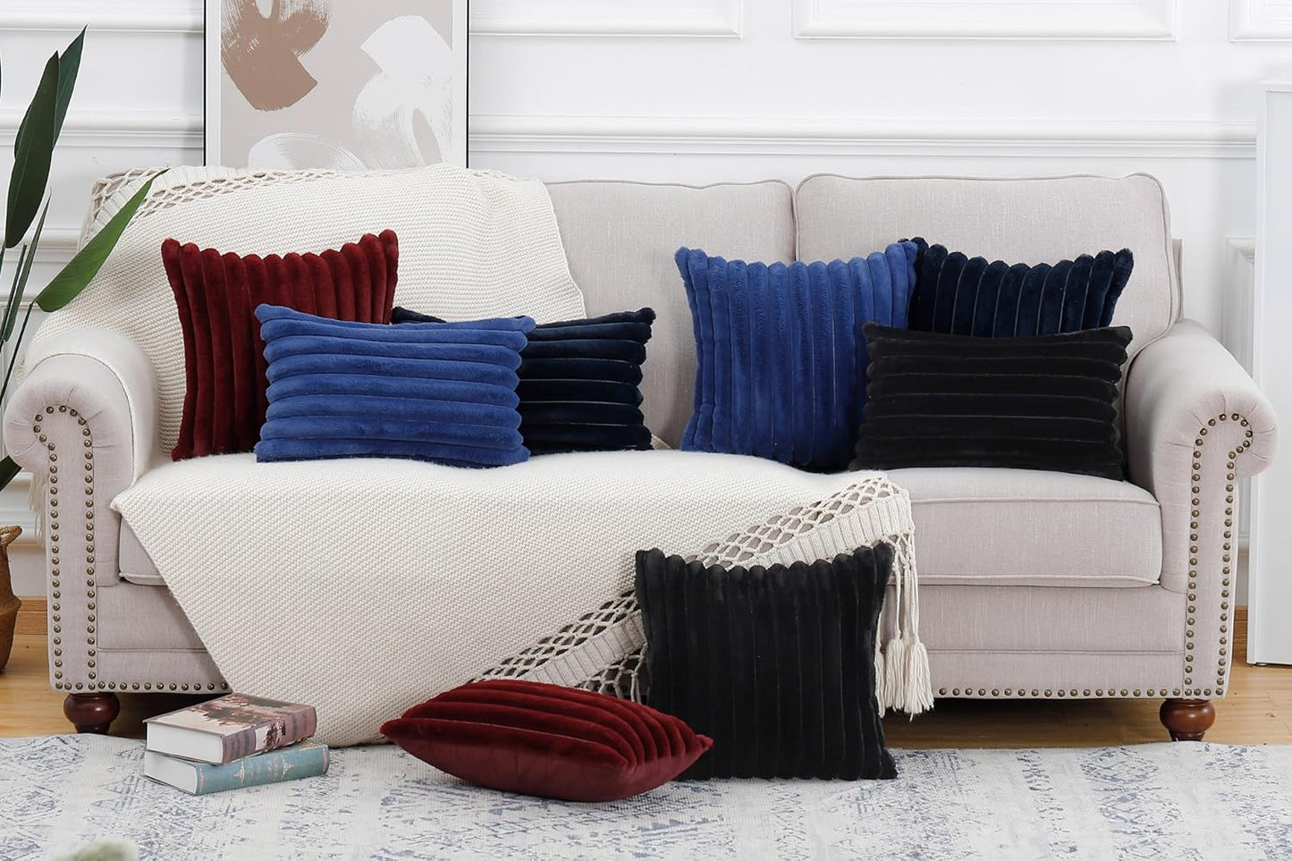 MADIZZ Set of 2 Faux Wool Plush Decorative Throw Pillow Covers 22x22 Inch Burgundy Fluffy Striped Soft Decorative Cushion Cover for Sofa Bedroom Pillow Shell