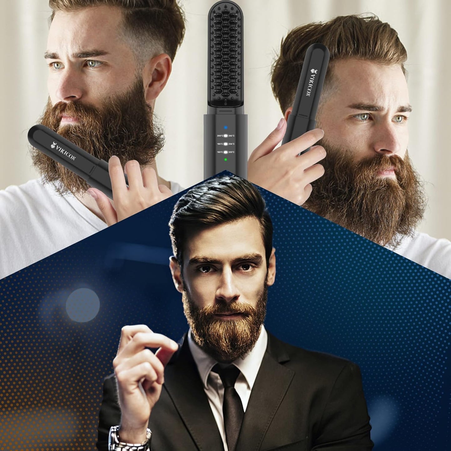 VIKICON Beard Straightener for Men: Cordless Heated Beard Brush for Men, Electric Hot Comb, Anti-Scald Mini Straightening Brush for Beard Grooming, Portable for Travel and Home Use, Gifts for Him Dad