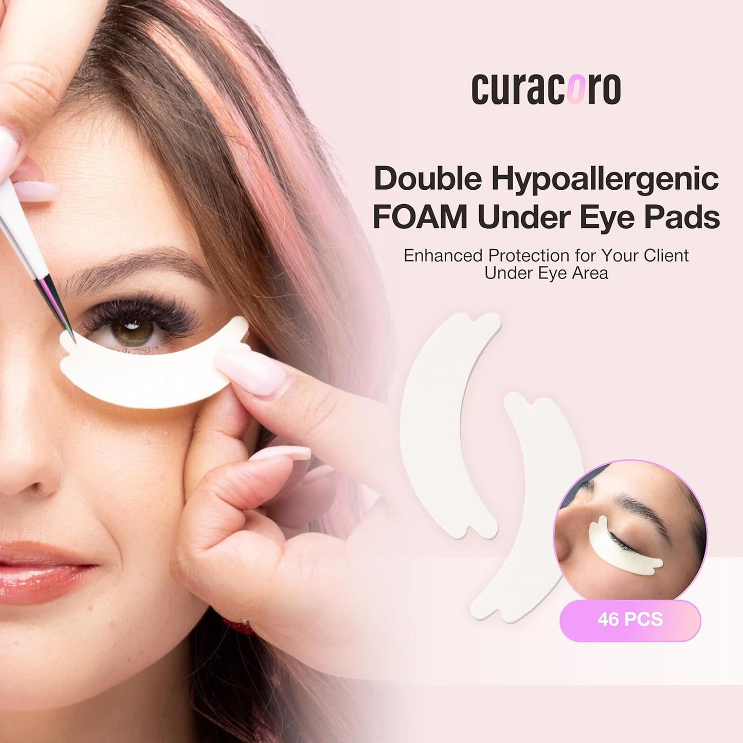 Curacoro Double Foam Eye Pads For Lash Extension, Hypoallergenic Eye Pads Lash Extension Supplies for Oily Skin & Sensitive Eyes, Soft Sticky Pads for Lash Perm Lamination, Lash Remover (46 Pads)