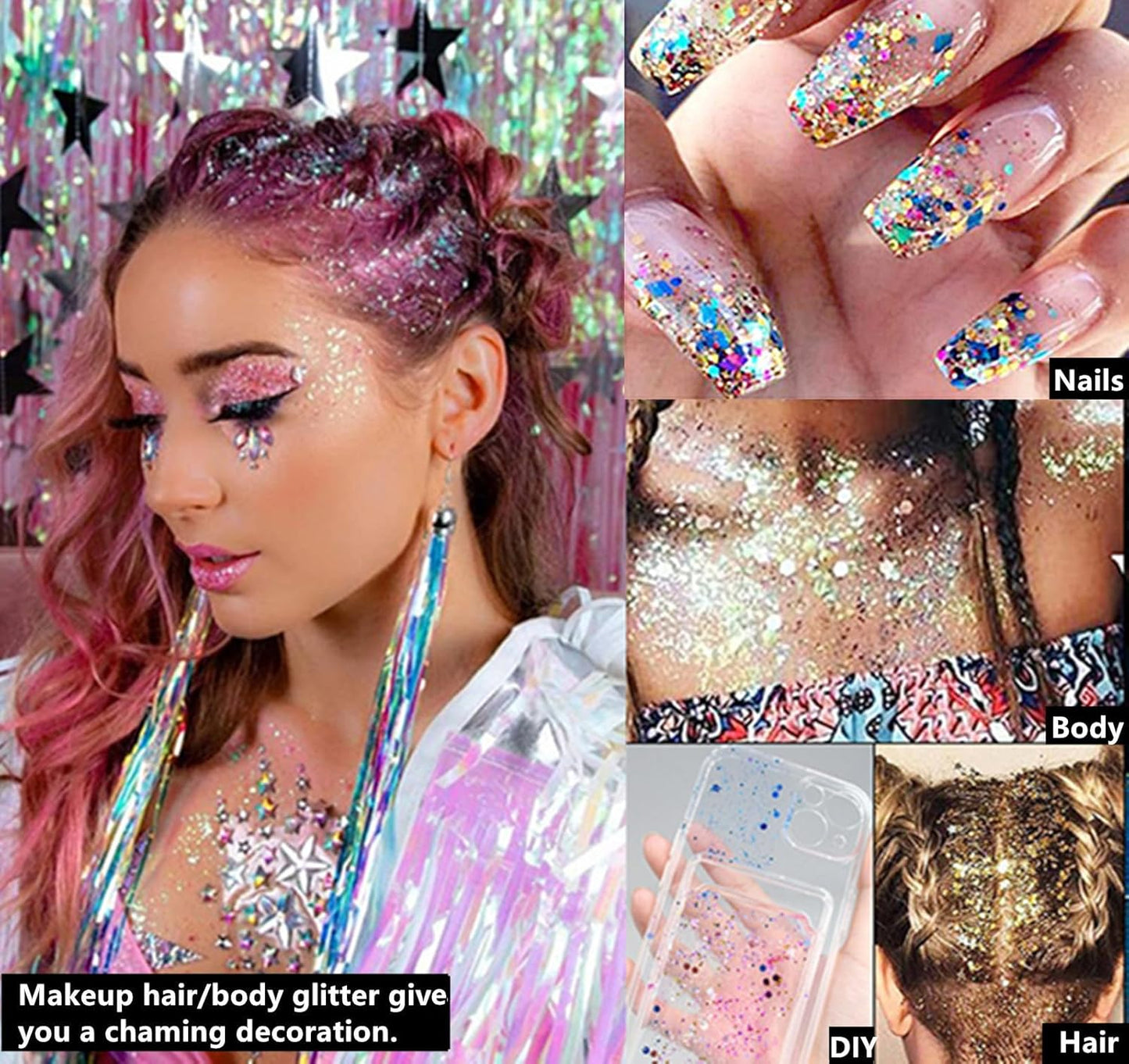 Go Ho Christmas Body Hair Face Glitter Gel,Christmas Glitters Face Paint,Holographic Colorful Sequins Chunky Reflective Face Glitter Makeup,Festival Rave Outfits for Women