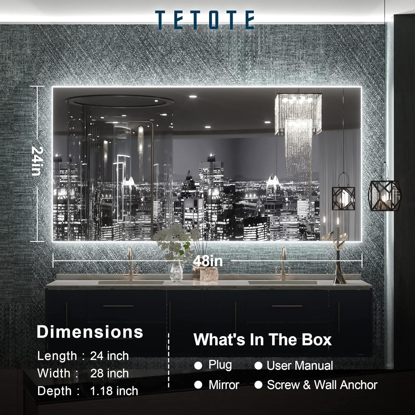 TETOTE 48 x 24 Inch LED Backlit Mirror Bathroom with Light,Anti-Fog,Dimmable,CRI90+,Makeup Vanity Mirror,Lighted Mirror(Horizontal/Vertical)