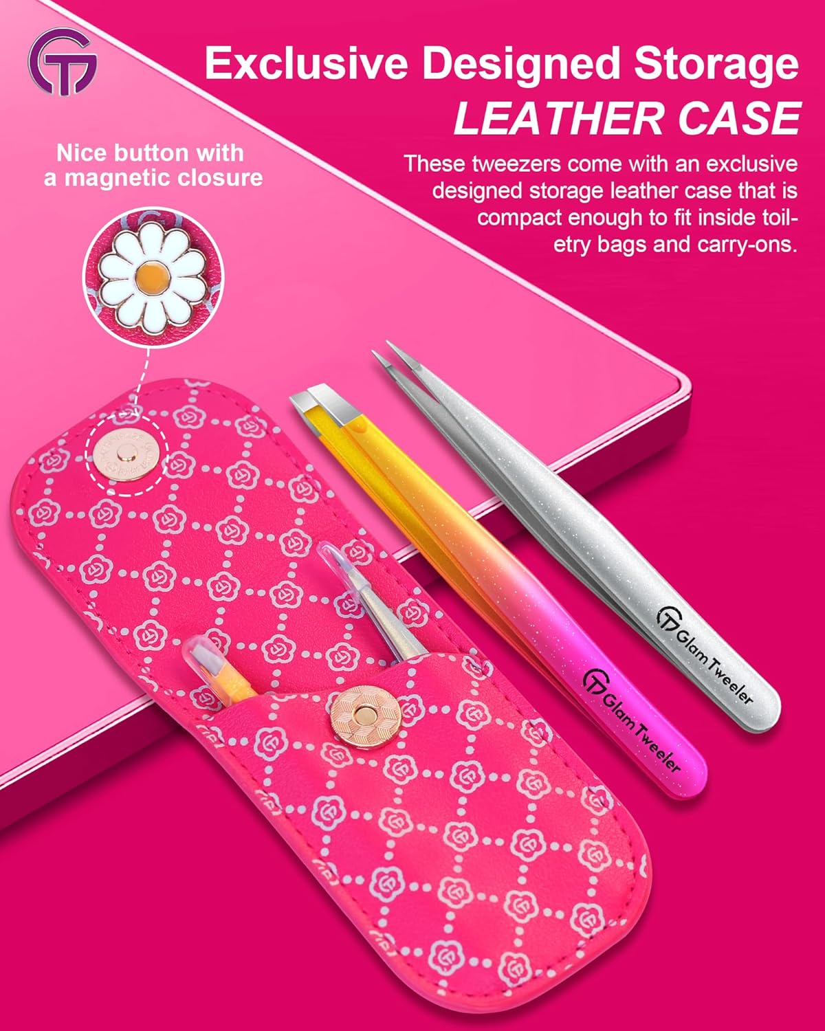 Expert Slant and Point Tip Tweezer Set with Exclusive Travel Case, GlamTweeler Sharp & Precision Tweezer Set for Eyebrows, Facial Hairs & Fine Hairs Removal (Sparkle Hot Pink + Silver)