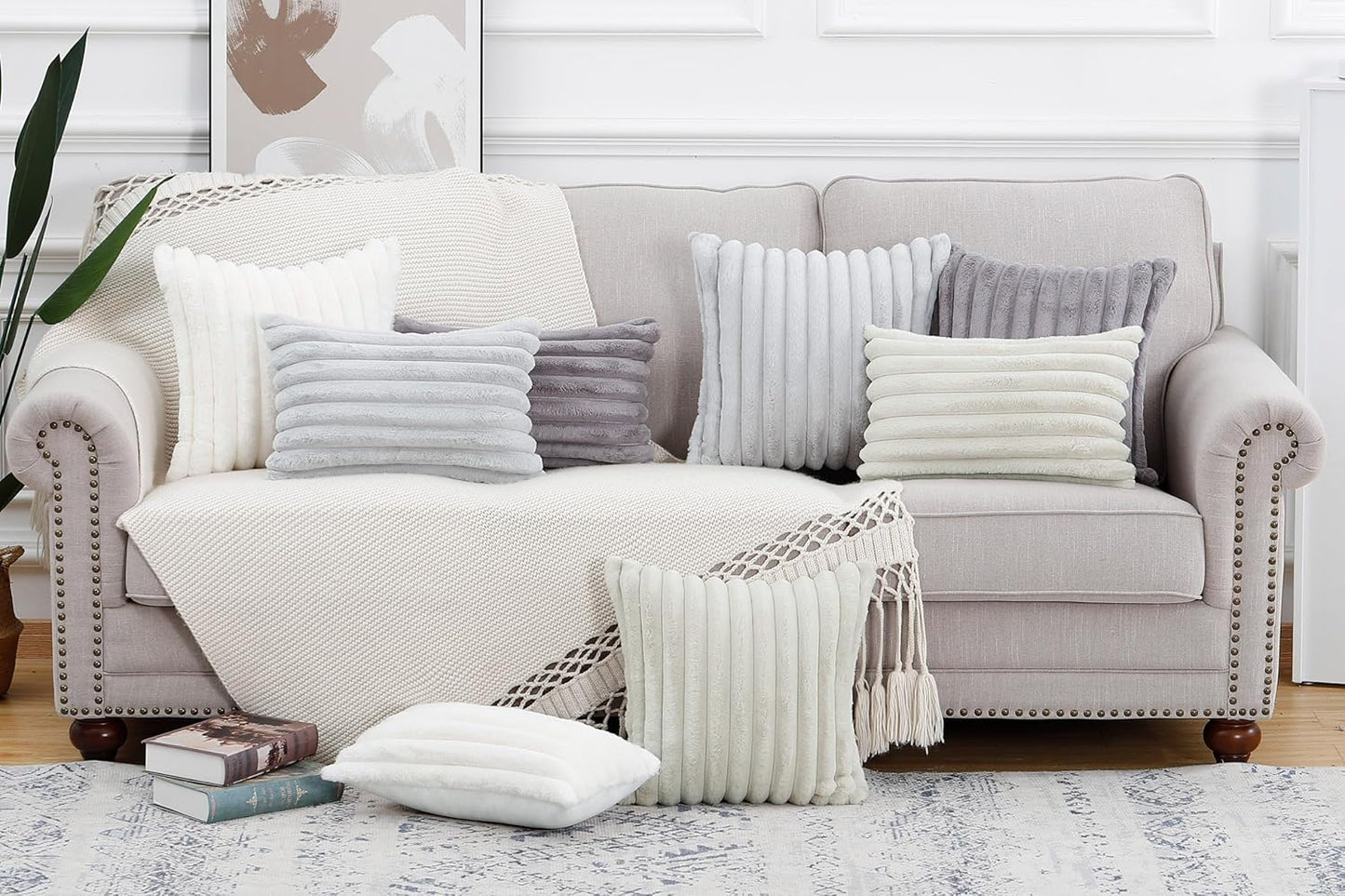 MADIZZ Set of 2 Faux Wool Plush Decorative Throw Pillow Covers 16x16 Inch Grey Fluffy Striped Soft Decorative Cushion Cover for Sofa Bedroom Pillow Shell