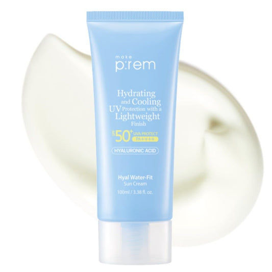 MAKE P:REM Hyal Water-Fit Sun Cream, Law-Irritation Hydrating Face & Body Sunscreen, SPF 50+ PA++++, Korean Sunscreen, 3.38 fl.oz., 100ml
