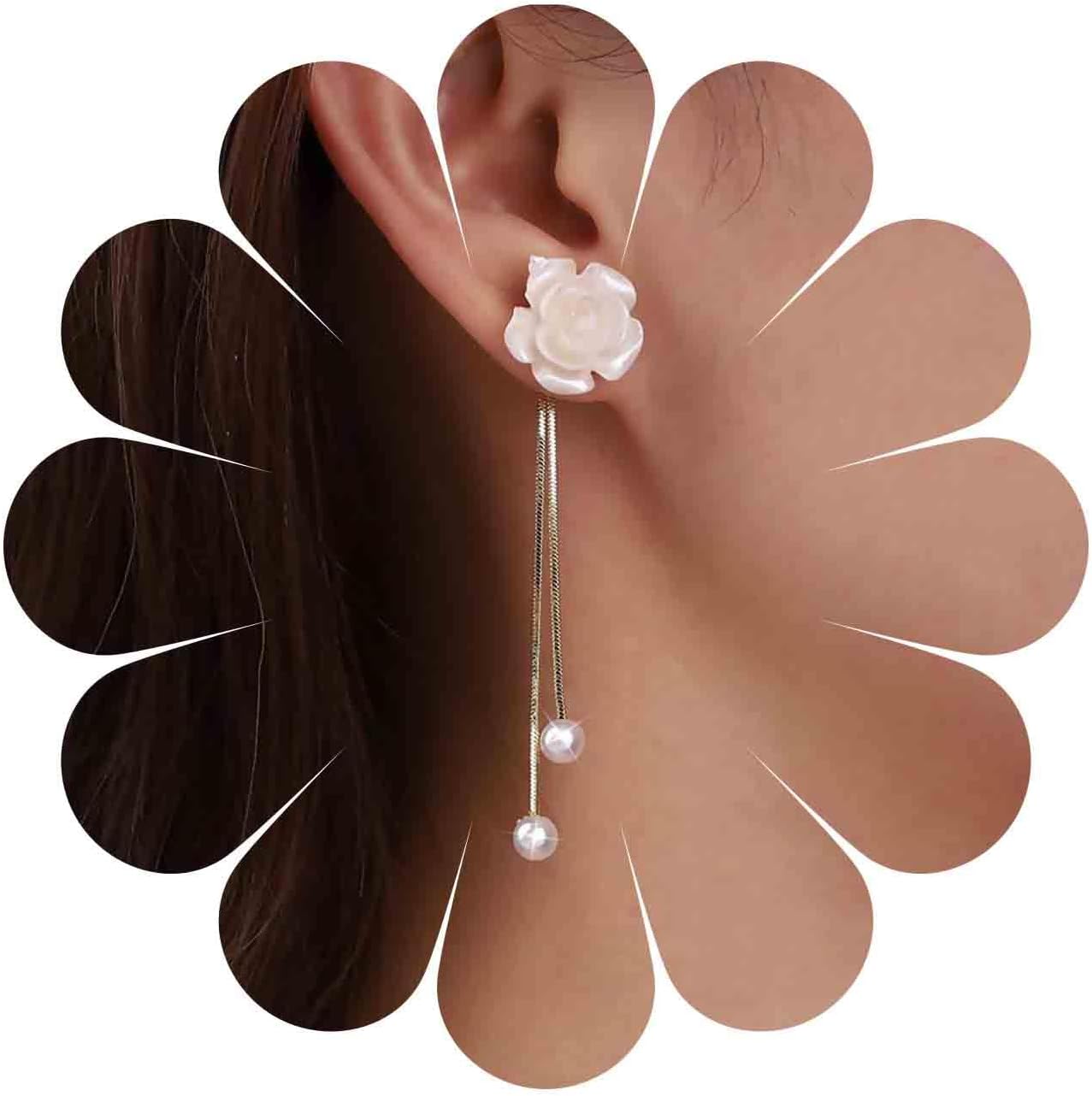 Vintage Flower Pearl Drop Earrings Long Tassel Pearl Earrings White Camellia Stud Earring Gold Pearl Chain Dangle Earrings Jewelry for Women