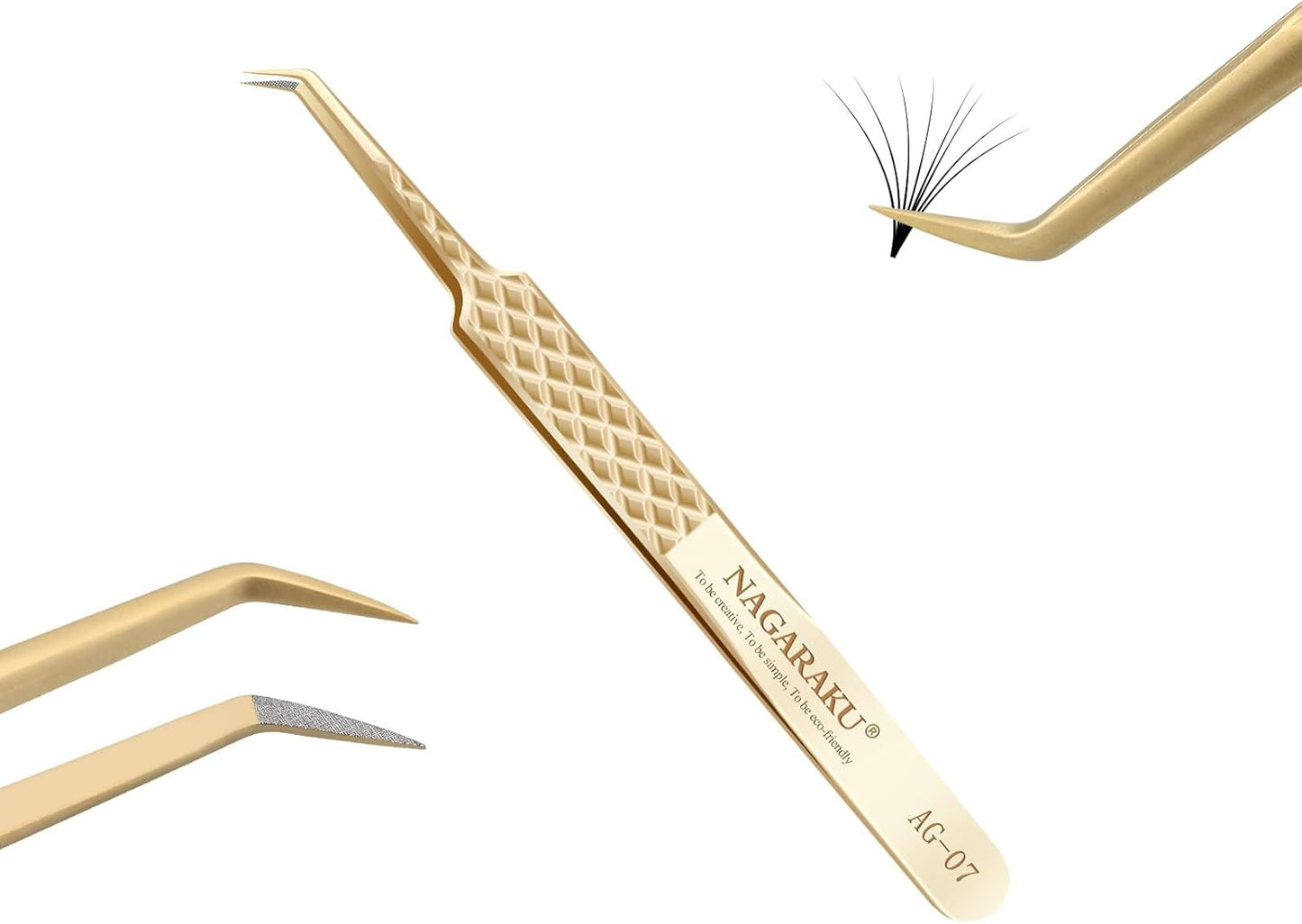NAGARAKU Precision Fiber Tip Tweezer for Eyelash Extensions Diamond Grip Anti-Static Anti-Slip Premium Gold Stainless Steel Curved Volume Eyelashes Tweezers Supplies with Box(45 Degree Tweezer AG-07)