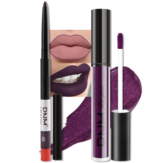 evpct 2Pcs Dark Deep Purple Matte Liquid Lipstick Lip Gloss Stain and Retractable Lip Liner Makeup Set for Women Long Lasting Waterproof 24 Hours Lipstick labial mate larga duracion 24 46#