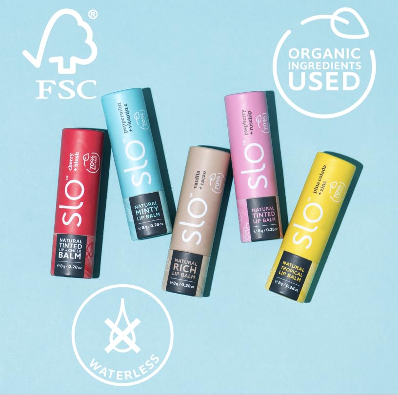 Slo | Natural Lip Balm - All Natural Ingredients, Vegan & Cruelty Free, Hydrating & Soothing, Plastic Free, Paper Packaging | Vanilla + Cacao, 0.28oz