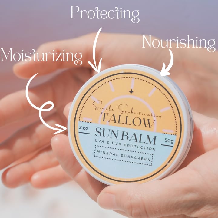 Tallow Sun Balm- with grassfed beef tallow, castor oil, zinc oxide | Mineral Sunscreen | Natural, Organic | Reef Safe, Ocean Friendly | Spf 30 - suitable for sensitive skin (2 oz) (Medium)