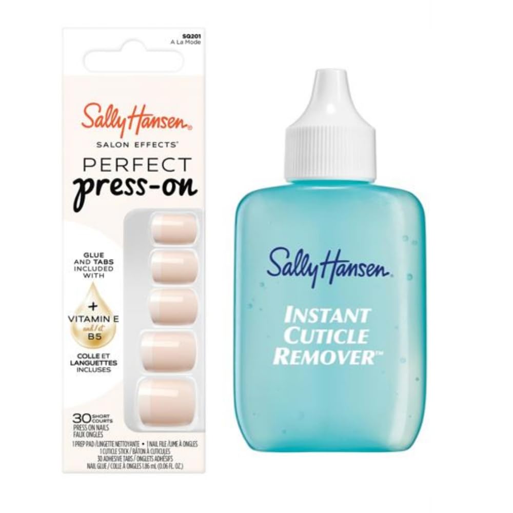 Sally Hansen Instant Cuticle Remover & Salon Effects Perfect Press-On Nails, A La Mode, 30 Designs, Nail Glue & Tabs