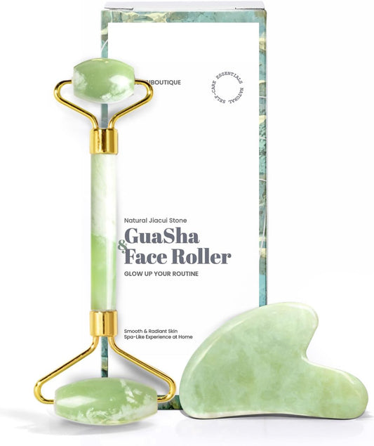 Gua Sha Facial Tools & Face Roller by ROSELYNBOUTIQUE Original Face Massager for Puffiness Wrinkless Skin Care Routine - Self Care Gift for Men Women (Jiacui Light Green)