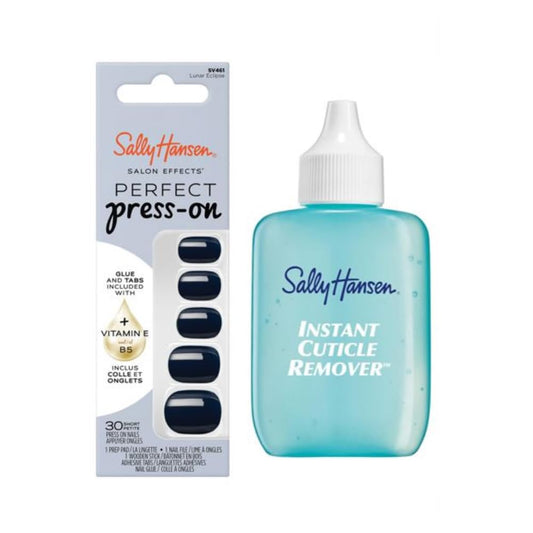 Sally Hansen Instant Cuticle Remover & Salon Effects Lunar Eclipse Press On Nails Kit - 15 Second Cuticle Gel with Aloe & 30 Nail Designs with Nail Glue