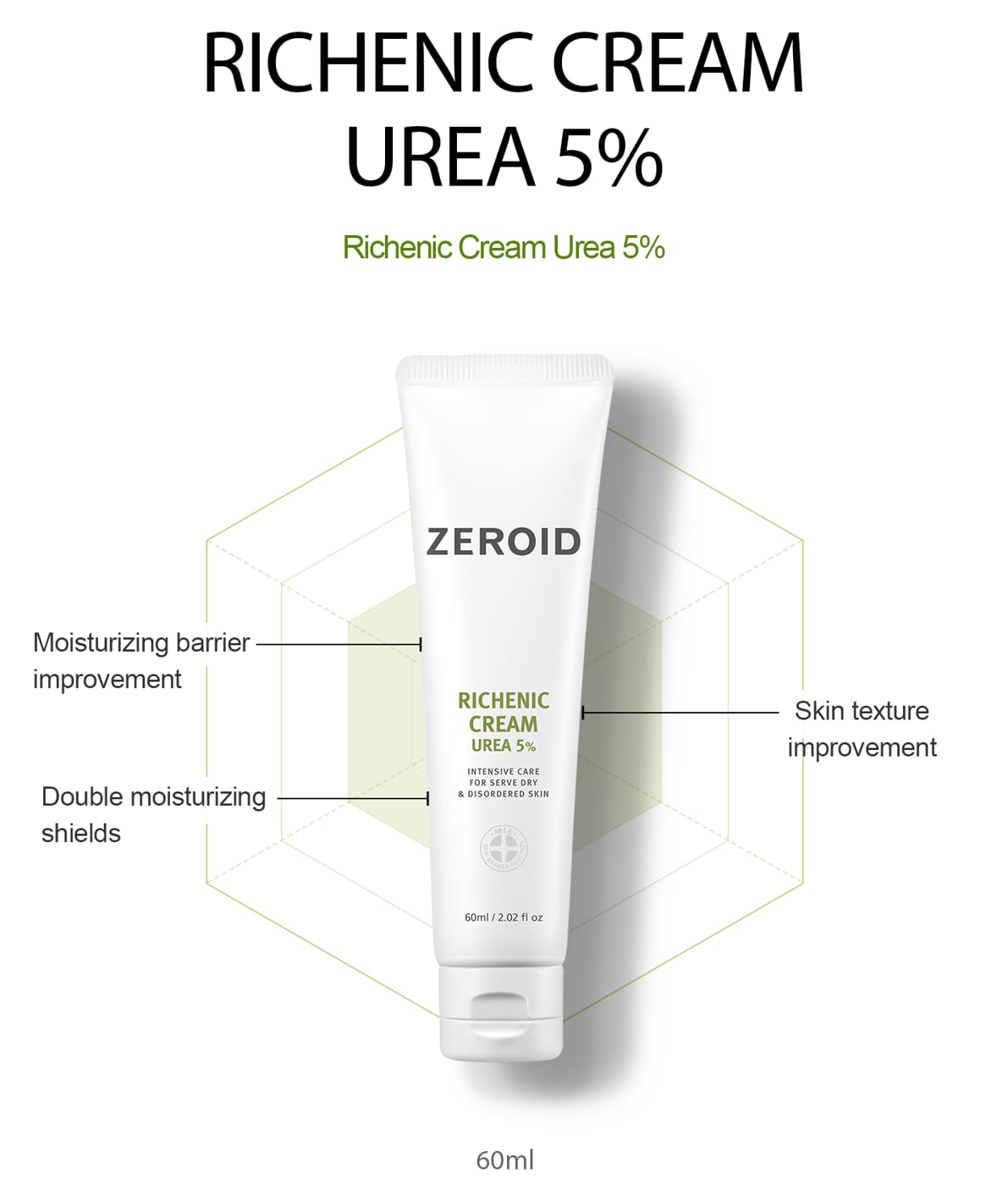 ZEROID | Richenic Cream with Urea 5% | Intensive Skin Care for Dry & Disordered Skin | Korean Face Moisturizer | Skin Lotion for Barrier Repair | Korean Dermocosmetic Skincare | 2 fl oz (60ml)