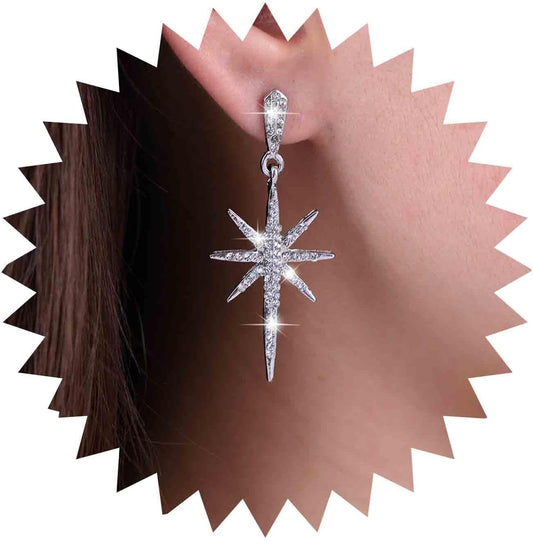 Vintage Crystal Northstar Dangle Earrings Rhinestone Northstar Studs Earrings Gold Cz Star Drop Earrings Sparkly Cz Starburst Earrings Jewelry for Women