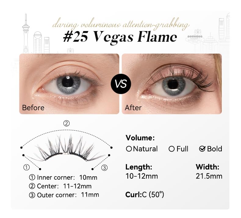 Magnetic Eyelashes with Applicator Kit, [No.25 Destination Collection: Vegas Flame] Reusable Magnetic Lashes without Eyeliner, Glue-free False Lashes, Waterproof, Lightweight