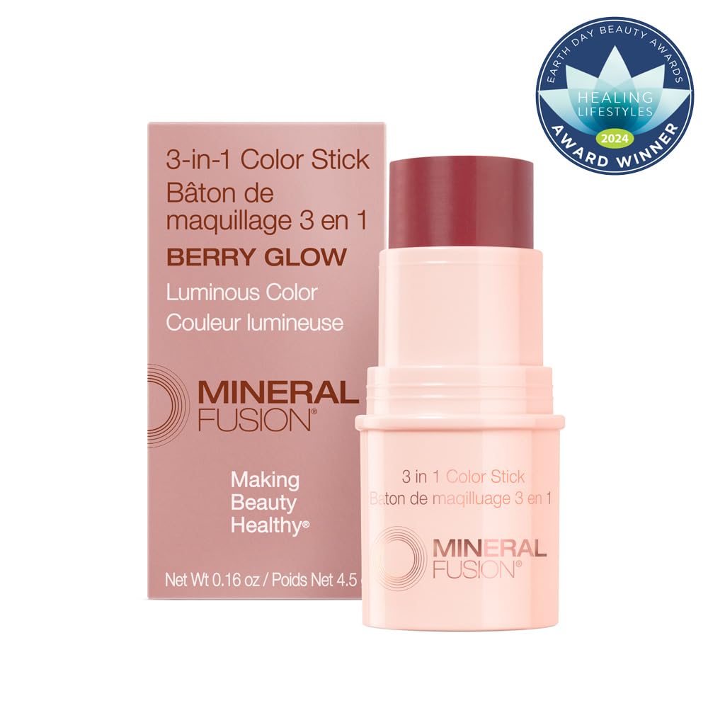 Mineral Fusion 3-in-1 Color Stick - Hydrating Tinted Cream Blush for Cheeks, Lip and Eye - Natural Multi Use Makeup (Berry Glow)